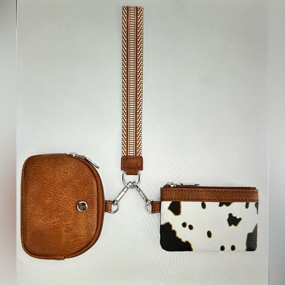 PU Brown Cow Leather | Dual Pouch Wristlet Wallet Set | 2-In-1 | 💵 💳